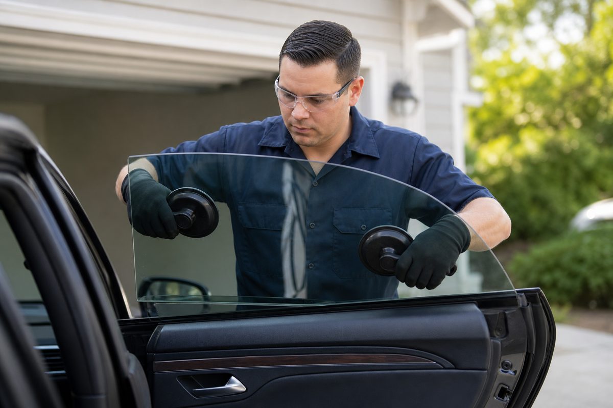 Technician installing a replacement car door window in Brisbane